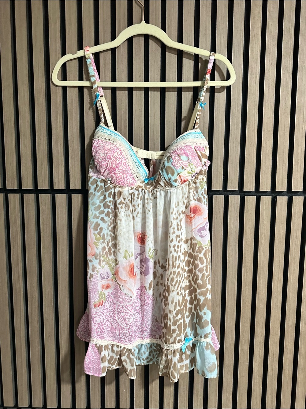 In Bloom Women’s Babydoll Chemise Floral Leopard Multicolor Lace Lingerie Y2K L